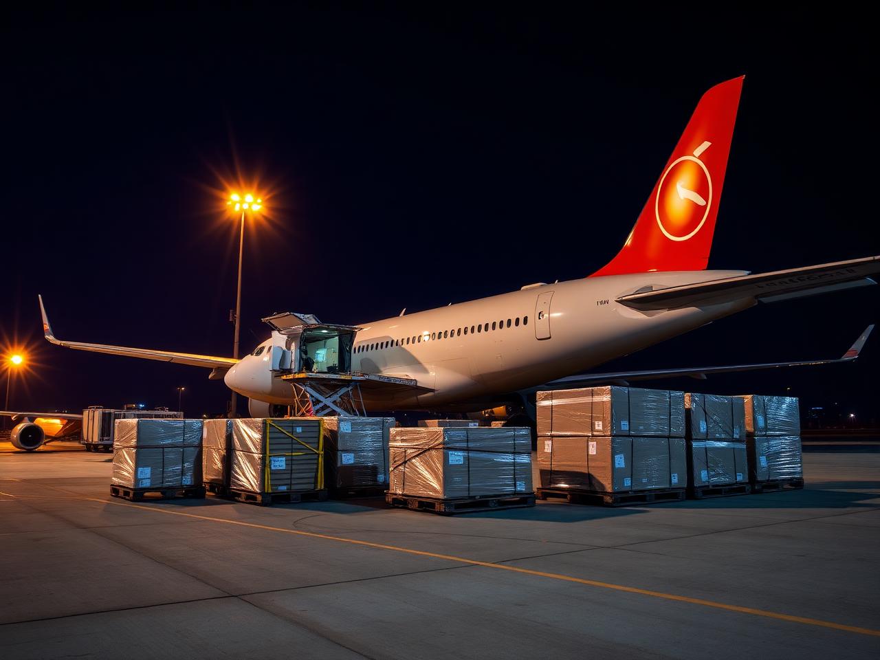 Freight pallets being loaded onto a cargo aircraft at night