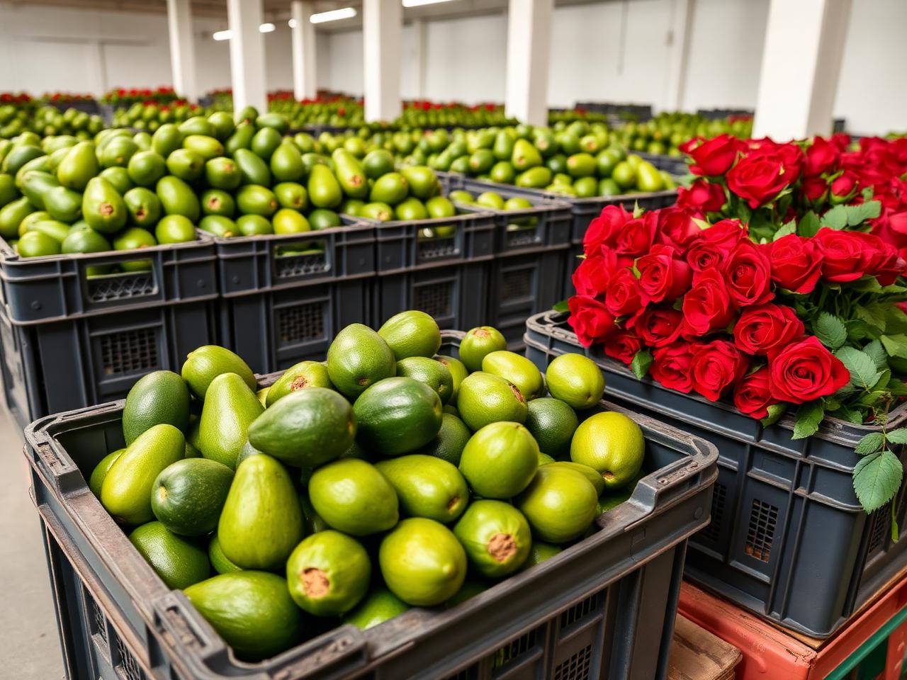 Export-grade Kenyan Hass avocados in crates next to bundles of fresh-cut red roses