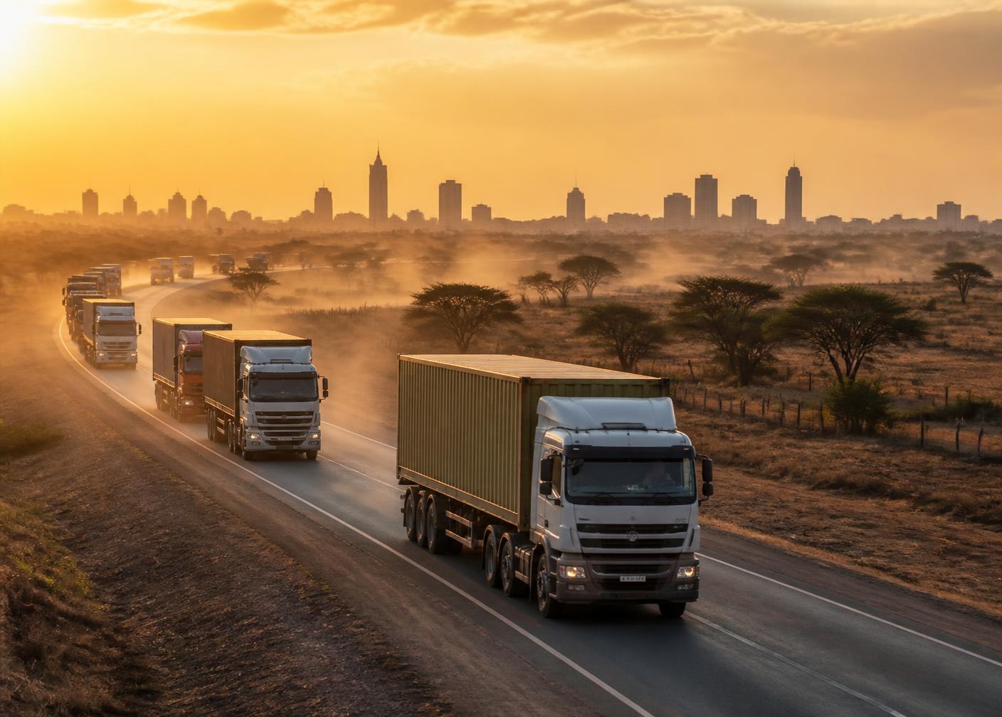 Cargo trucks leaving Nairobi at golden hour with the city skyline behind