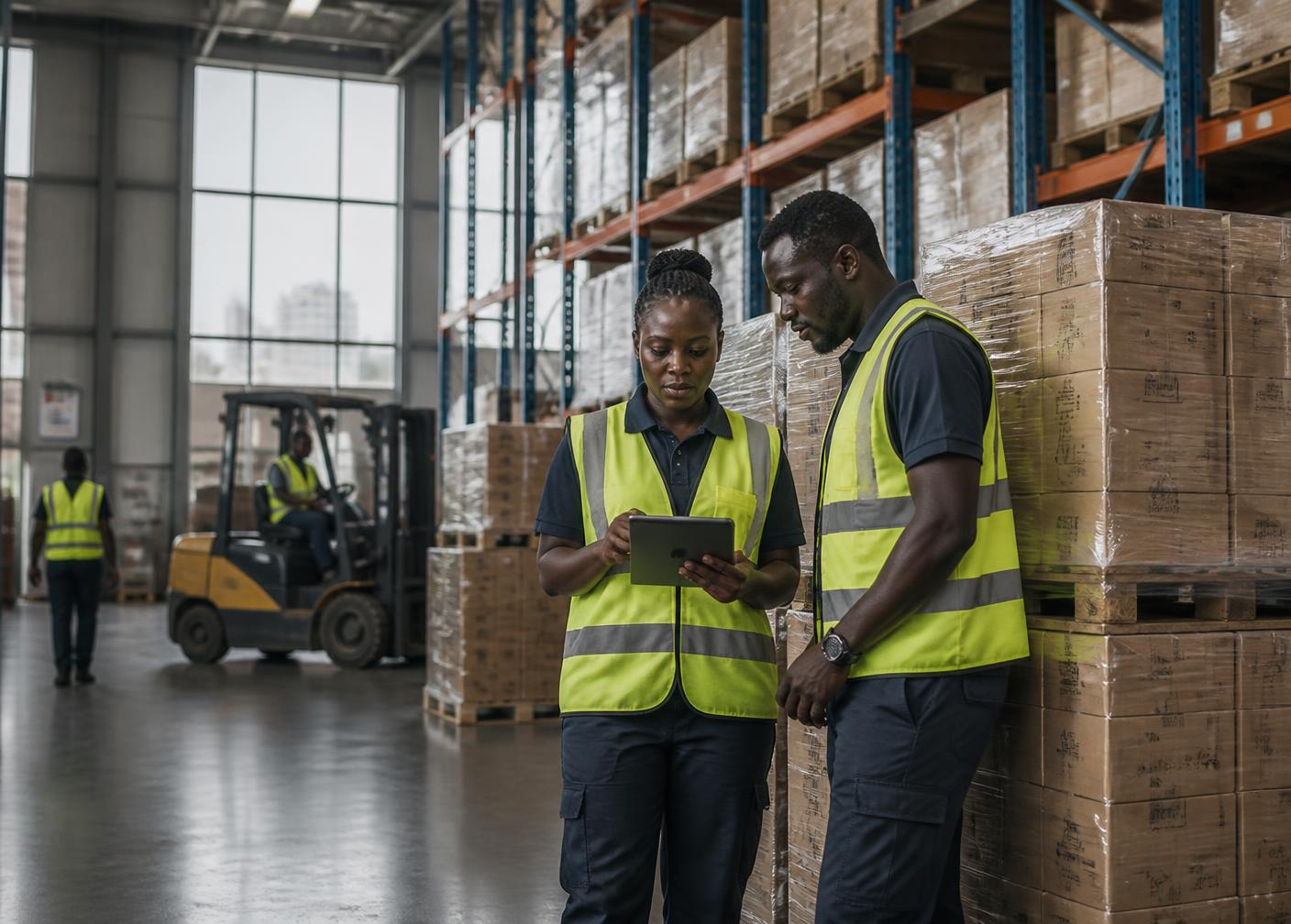 TMX Global warehouse team in hi-vis vests checking palletised cargo in Nairobi
